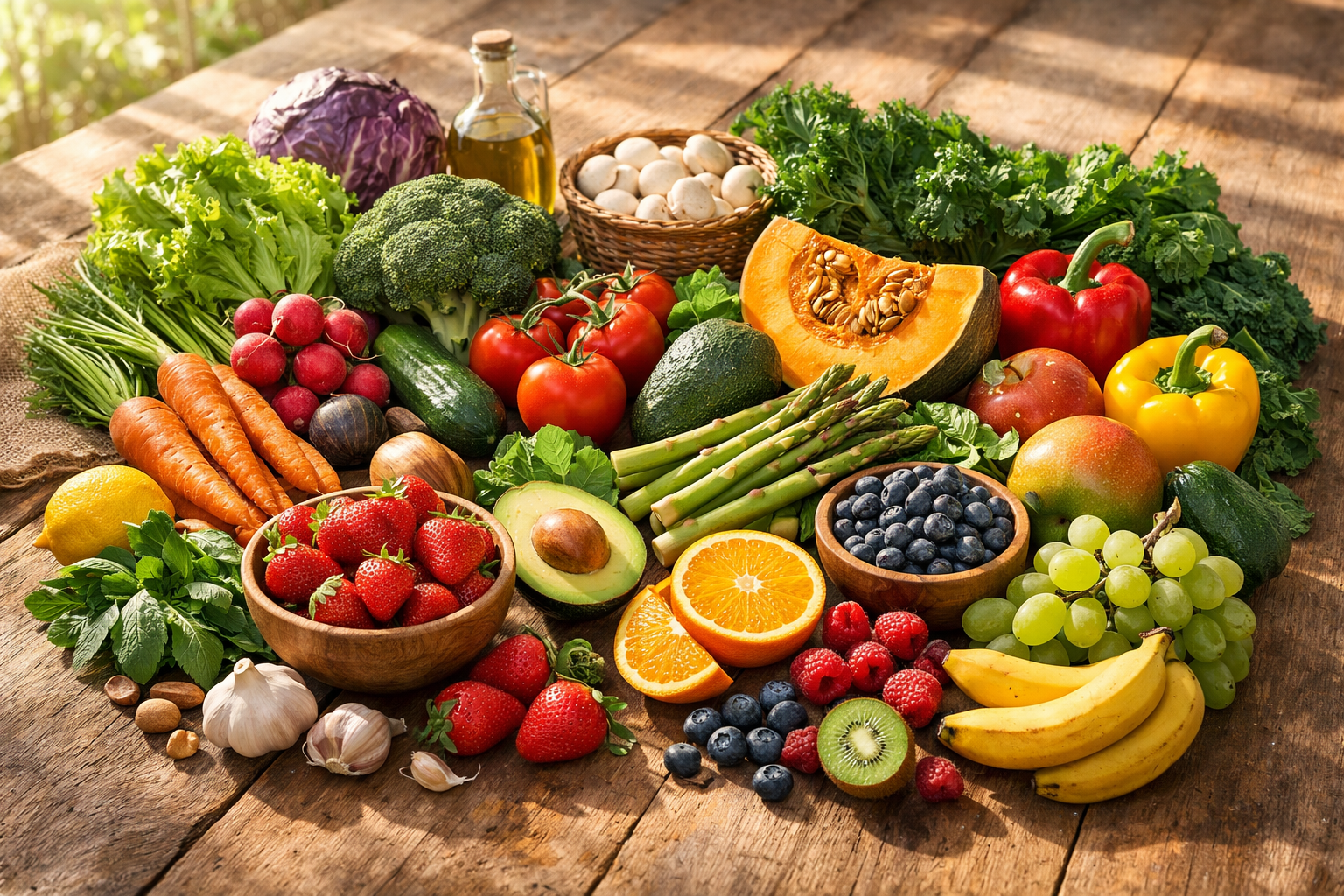 Swieże organiczne warzywa i owoce ułożone na drewnianym stole w naturalnym porannym świetle, koncepcja zdrowego odżywiania