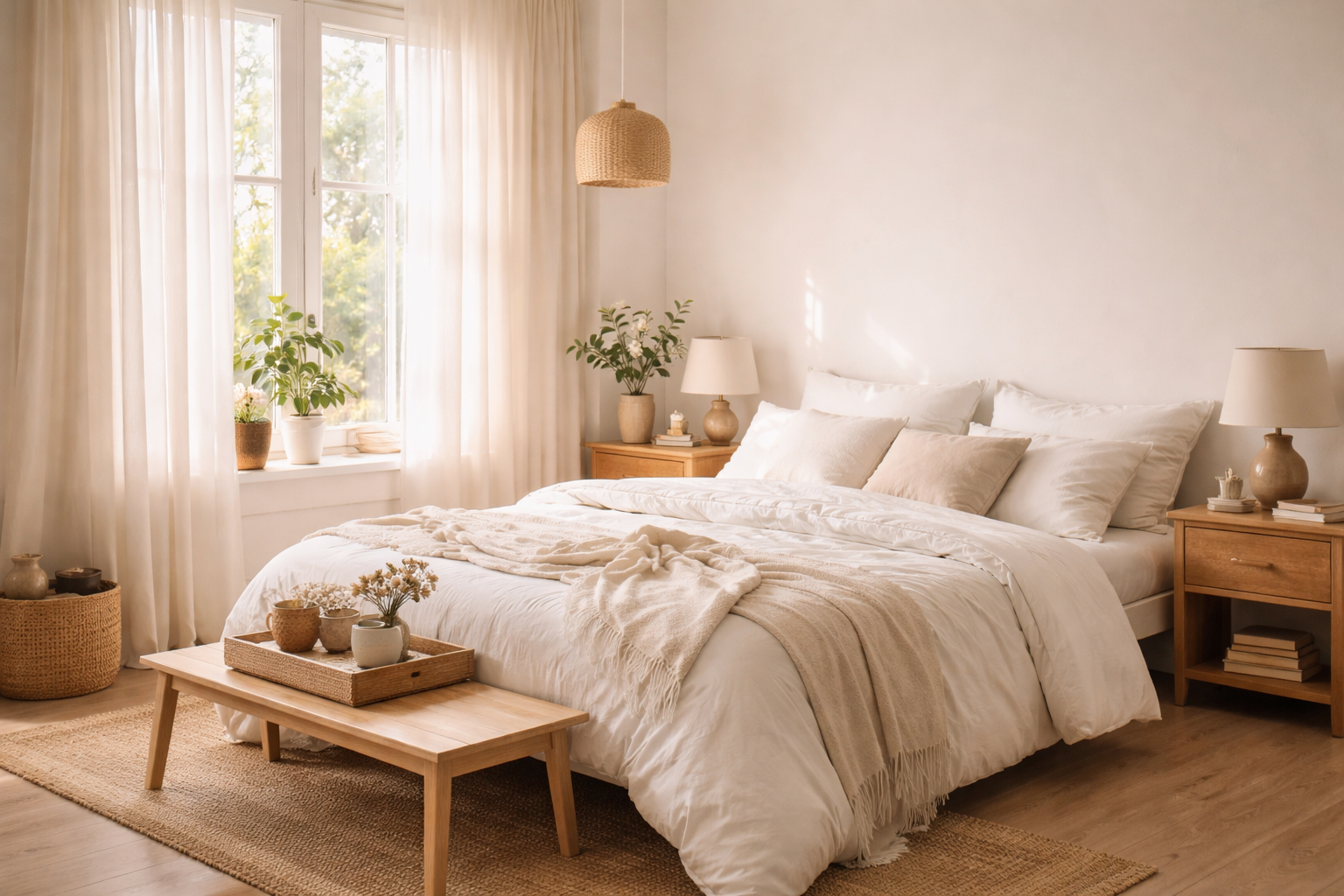 Spokojna sypialnia z delikatnym naturalnym światłem wpadającym przez okno, przytulne łóżko z białą pościelą, atmosfera spokoju i odpoczynku